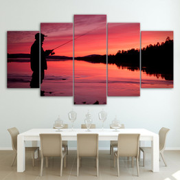 HD Printed 5 Piece Canvas Art  Lake Fishing Painting Red Sunset Wall Pictures
