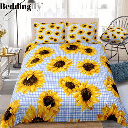 Blue White Plaid Sunflowers Bedding Set