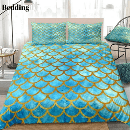 Watercolor Blue Mermaid Scale Bedding Set