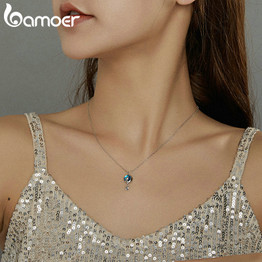 bamoer Genuine 925 Sterling Silver GeometricMoon & Cat Pendant Necklace for Women Lover Couple Jewelry Gift 45cm SCN422