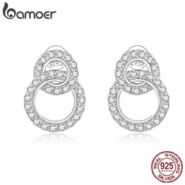 bamoer Double  Circle Stud Earrings for Women 925 Sterling Silver Ear Pins Wedding Engagemetn Statement Jewelry Brincos BSE388