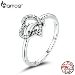 bamoer S925 Sterling Silver Dolphin with Heart CZ Bubble Finger Rings for Women Engagement Wedding Statement Jewelry SCR671