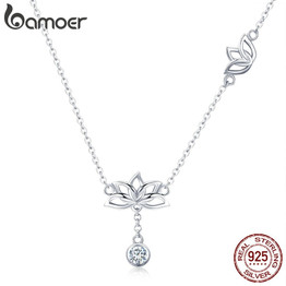 BAMOER Elegant 100% 925 Sterling Silver Lotus Flower Pendant Necklaces for Women Clear Cubic Zircon Necklaces Jewelry BSN012