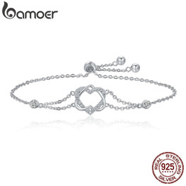 BAMOER Genuine 925 Sterling Silver Twisted Double Heart in Heart Chain Bracelets For Women Authentic Silver Jewelry Gift SCB022