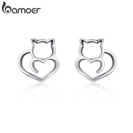 BAMOER Hot Sale Authentic 925 Sterling Silver Cute Cat Small Stud Earrings for Women Fashion Sterling Silver Jewelry SCE271