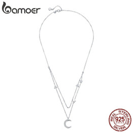 BAMOER Genuine 925 Sterling Silver Moon & Star Double Layers Chain Pendants Necklaces for Women Sterling Silver Jewelry BSN038