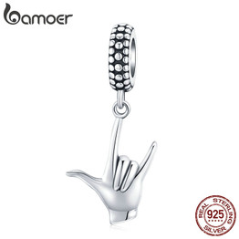 bamoer Genuine 925 Sterling Silver Rock Sign of the Horns Pendant Charm fit Original Bracelet or Necklace DIY Jewelry SCC1438