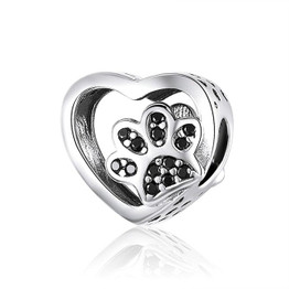 BAMOER Cat Love Heart-shape Charm 925 Sterling Silver Paw Footprints Heart Charms for Bangle Bracelet Fine Jewelry SCC1191