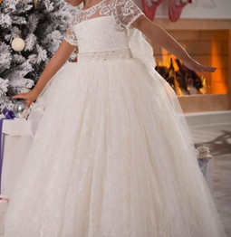 White Ivory Flower Girl Dress Pageant Birthday Formal Party Lace Ball Gown
