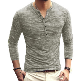 Men V-neck Long Sleeve Stylish Slim Button Up T-shirt