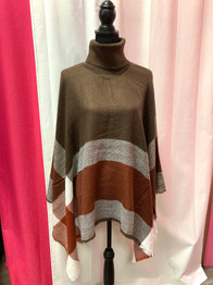 Plaid Turtle Neck Sweater Poncho-Mocha/Red