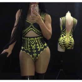 Black Yellow Neon Rhinestones Bodysuit Sexy Dance Costume