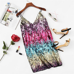 Women Colorful Sequin Sexy Mini Sleeveless V Neck  Dress