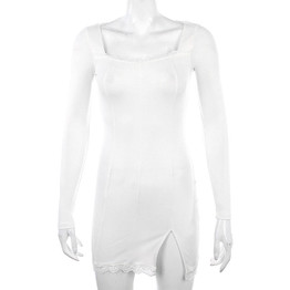 Women Sexy Lace Patchwork Long Sleeve Split Dress