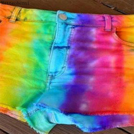 Women Fashion Sexy Rainbow Straight Slim Denim Shorts Vintage Mid Waist Ripped Tassel Casual Short Jeans Streetwear