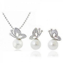 Women Elegant Butterfly Imitation Pearl Earrings Necklace Jewelry Set