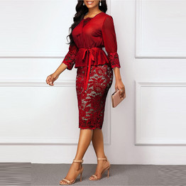 New Women's Elegant Sexy V-neck Patchwork Lace Long Party Casual Plus Size Slim Office Pencil Dresses
