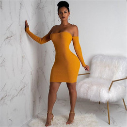 Women Sexy Knitted Backless Bandage Long Sleeve Off Shoulder Lace Up Bodycon Dress