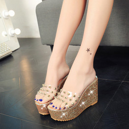 Women Sandals Rivets Transparent Peep Toe High Heels Sandals