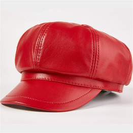 Genuine Leather Hats Women Newsboy Cap Solid Black Real Leather Sheepskin