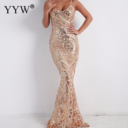 Gold Sequins Women Evening Dress Deep V Neck Backless Spaghetti Strap Bodycon Long Party Dress Sexy Robe De Soiree Formal Gowns