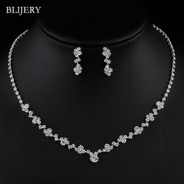 Silver Plated Crystal Bridesmaid Bridal Jewelry Sets Geometric Choker Necklace Earrings for Women Wedding