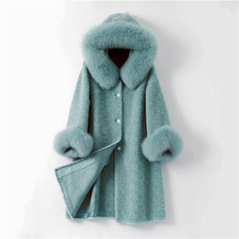 Pudi women long real sheep fur coat jacket female winter fox fur collar jackets parka trench H903-A