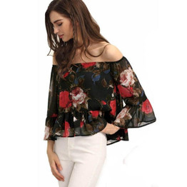 Summer Sexy Women Blouse Off Shoulder Floral Printing Chiffon Blouse Shirt Sleeve Half Tops shirt #LSIN