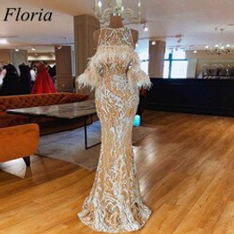 Modest Feather Celebrity Dresses Mermaid 2019 O-Neck Sleeveless See Through Long Evening Red Carpet Runaway Gowns Custom