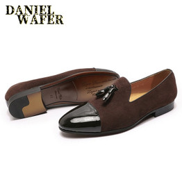 LUXURY LOAFERS ELEGANT MEN DRESS WEDDING OFFICE SHOES SUEDE PATCHWORK PATENT LEATHER SLIP ON TASSEL LOAFER FOR MEN CASUAL SHOES