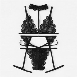 COLROVIE Black Sexy Floral Scalloped Trim Lace Lingerie Set New Women Bra And Thongs Sets Wireless Navy Sexy Underwear Bra Set