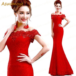 Long Elegant Lace Mermaid Red Evening Dress 2017 Cheap Price Crystal Prom Dresses Boat Neck Party Dress Robe De Soiree