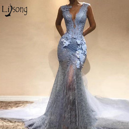 Abendkleider 2018 Dusty Blue Lace long Mermaid Prom Dresses Sexy Prom Gowns Formal Evening Party Dress V-neck Vestido De Festa