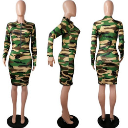 Autumn Camouflage Print Long Sleeve Dress Women Front Zipper Long Midi Dress Streetwear Slim Bodycon Pencil Dresses for Women