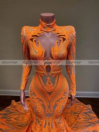Sparkly Orange Long Prom Dresses 2020 High Neck Long Sleeve High Neck Sexy African Women Black Girls Mermaid Sequin Prom Gowns
