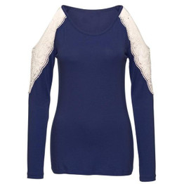 Feitong Women's T Shirts Sexy Long Sleeve Cold Shoulder Lace Splice Loose Cotton Tops Tee Shirt vetement femme camisetas mujer