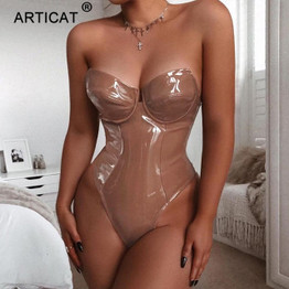 Fantoye PU Leather Sexy Backless Bodycon Playsuit Black Strapless Rompers Womens Jumpsuit Night Club Party Overalls Red Jumpsuit