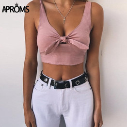 Aproms Ribbed Bow Tie Camisole Tank Tops Women Summer Basic Crop Top Streetwear Fashion 2019 Cool Girls Cropped Tees Camis