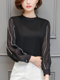 Chic Band Collar  Contrast Stitching  Hollow Out Blouse