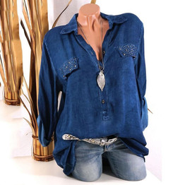 Fold Over Collar  Diamante Single Breasted  Plain Blouses