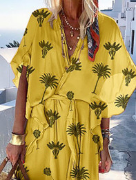 Bohemian Printed Colour Batwing Sleeve V Neck Belted Dress