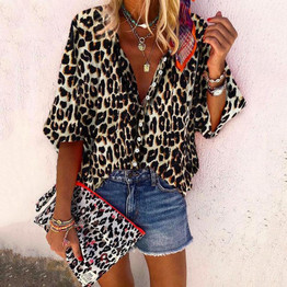 Women Fashion V-Neck Long Sleeve Leopard Print Loose Blouse