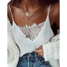 Spaghetti Strap  Lace Patchwork Plain Camis