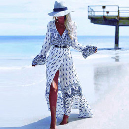 Elegant V-Neck Long Sleeved Bohemia Maxi Vacation Dress