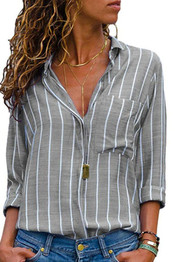 Turn Down Collar  Asymmetric Hem Single Breasted  Striped  Blouses
