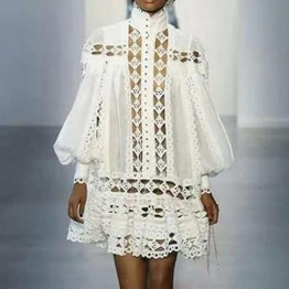 Women's Fashion Bubble Sleeves Hollow Out Mini Lace Dress