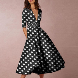 V-Neck  Polka Dot Printed Skater Dresses