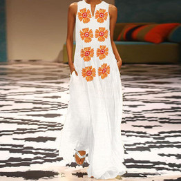 Cotton/Linen V-Neck Sleeveless Printed Casual Maxi Dress