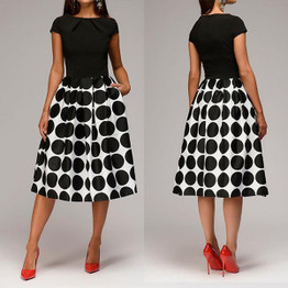 Fashion Polka Dot Printed Short Sleeve Midi Skater Dress