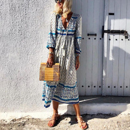 V-Neck Cotton And Linen Printed Tassel Casual Maxi Dress